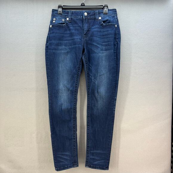 Miss Me Jeans Women's 29x29.5 (8) Dark Blue Easy Skinny Sequins Flower Bling - Picture 3 of 14
